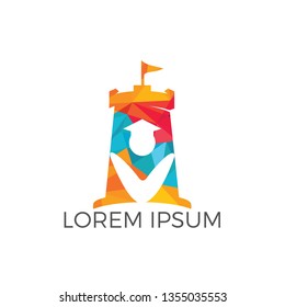 Student and fort combination logo design. Tower and market symbol or icon. Unique bookstore, institution,  library and fortress logotype design template. 