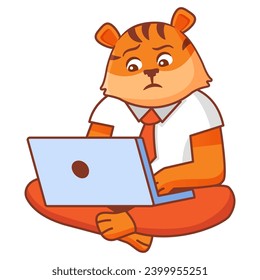Student fox working on the laptop computer.Study online animal tiger.Online children education.School boy fox working at the laptop.Active young kid animal.Student hands using laptop. Vector flat.