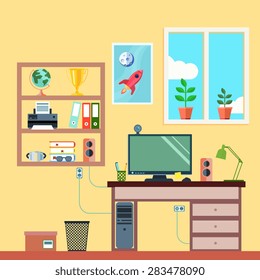 Student or freelance worker workspace in room interior flat vector illustration