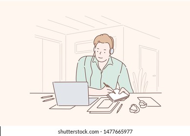 Student, freelancer, teacher or creative person satisfied with their work, success in business or career growth. promising businessman at the office concept. Simple flat vector.