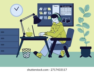 Estudante freelancer trabalhando em casa. Ilustração de estoque vetorial