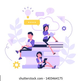 Student friends reading books. Young people studying at a university, college for higher education, teens learning at school, preparing for exam. Vector abstract illustration with faceless character