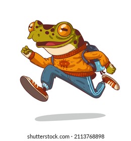 A student frog running in a hurry, vector illustration. Humanized teenage frog. Funny excited anthropomorphic frog with a backpack, running forward in a jump. An animal character with a human body