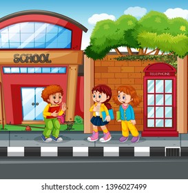 Student in front of school illustration