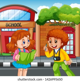 Student in front of school illustration