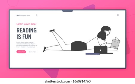 Student Gaining Knowledge Website Landing Page. , Girl Lying on Floor Reading Book in School or University. Student Back to School, Education Web Page Banner. Cartoon Flat Vector Illustration Line Art