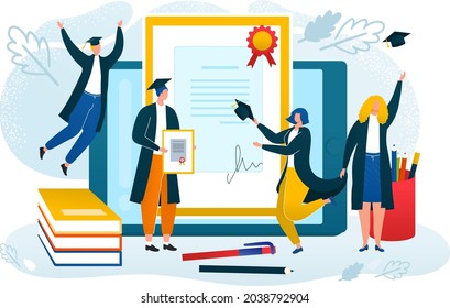 Student get education online, vector illustration, university graduation concept, flat tiny people character with college diploma, get knowledge.