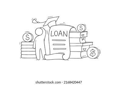 Student get money for education. Concept of scholarship, university grant, payment for tuition. Vector doodle illustration of man with academic hat and coins on books stack