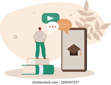 Student gets online education with smartphone. vector illustration.