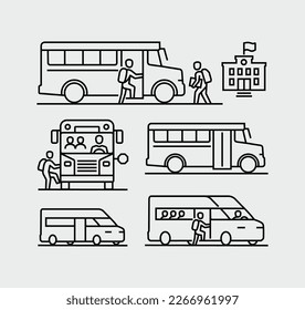 Student Getting on School Bus Vector Line Icons