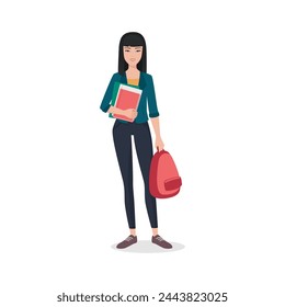 Student girl with backpack and books. University female teenager student, college student lady cartoon vector illustration