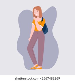 Student Girl With Backpack in Laughing Pose. Concept of Female Character Education, woman Back to School, College Or University. Cartoon Vector Illustration