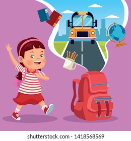 student girl with backpack and school and classroom cartoons on colorful background, back to school concept. vector illustration graphic design