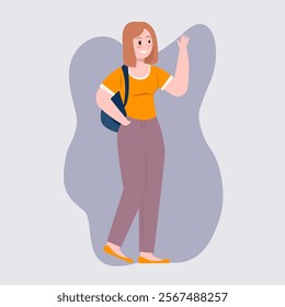 Student Girl With Backpack Standing and Say Hi Pose. Concept of Female Character Education, woman Back to School, College Or University. Cartoon Vector Illustration