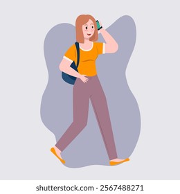 Student Girl With Backpack Walking and Calling Someone by Phone. Concept of Female Character Education, woman Back to School, College Or University. Cartoon Vector Illustration