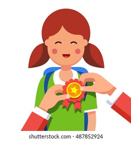 Student Girl Being Awarded For A Win At School Fair. Hands Pinning Winner Ribbon Award To A Kids Chest. Flat Style Modern Vector Illustration Isolated On White Background.