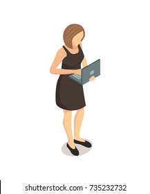Student girl in black dress with notebook in hands vector illustration isolated on white background. Young woman with laptop in isometric design