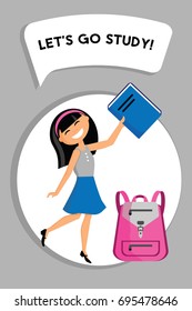 Student girl with a book and a backpack. Vector illustration.