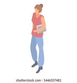 Student girl with book icon. Isometric of student girl with book vector icon for web design isolated on white background