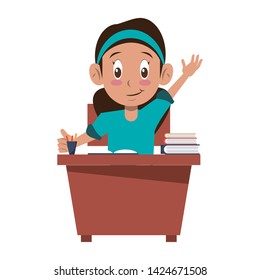 Student girl with books and pencils on desk cartoon vector illustration graphic design