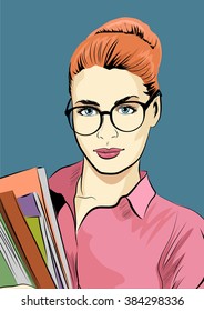 Student girl with the books. Vector illustration.