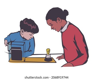Student girl and boy are doing an experiment. Desain Vector illustration