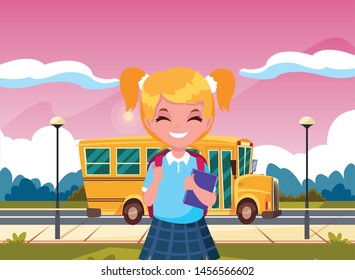 student girl with bus back to school