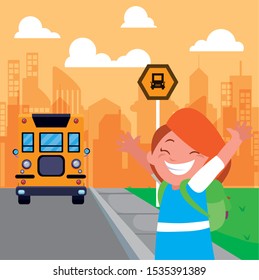 student girl at the bus stop with background city vector illustration design