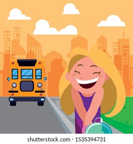 student girl at the bus stop with background city vector illustration design
