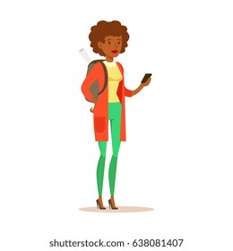 Student girl in casual clothes with backpack standing and holding smartphone in her hands. Student lifestyle colorful character vector Illustration