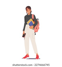 Student Girl Character With Backpack And Books Portrays An Enthusiastic Learner On Her Way To School. Importance Of Learning, Education And Academic Success. Cartoon People Vector Illustration