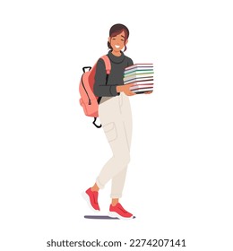 Personaje Estudiantil Cargando Mochila Y Pila De Cuadernos Mientras Camina. Concepto de la juventud y la actividad académica, la educación, el regreso a la escuela o el estudio universitario. Ilustración de vectores de personas de caricatura