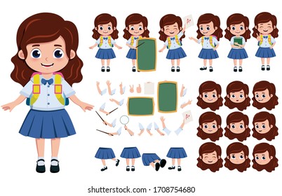 Student girl character creation vector set. School girl editable character creation kit in different face, hand and body pose for education elements. Vector illustration. 
