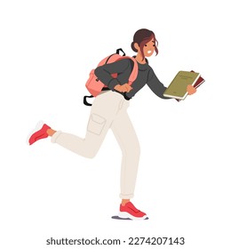 Student Girl Character Running with Backpack And Pile Of Books in Hands Being Late to Lessons in College or University. Concept of Urgency, Student Lifestyle. Cartoon People Vector Illustration