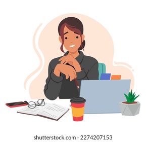 Student Girl Character Seated At Desk, Surrounded By Book, Laptop, Coffee and Phone. Concept of Scholarly And Studious Atmosphere, Educational Academic Process. Cartoon People Vector Illustration