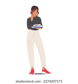 Student Girl Character Standing With Pen And Notebooks In Hand. Studious And Organized Person Learning Educational Or Academic Materials, Prepare for Exam. Cartoon People Vector Illustration