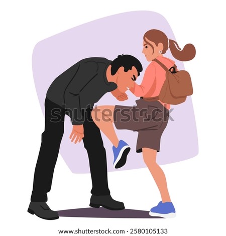 Student girl child cartoon character applying combative techniques to fight bandit on street vector illustration. Self defense and protection martial arts for female against harmful behavior