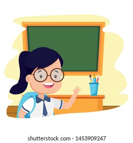 student girl classroom chalkboard desk pencils back to school vector illustration