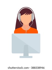 Student girl computer and headphones vector illustration. 
