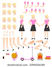 Student girl creation kit with school supplies and various body parts, face emotions and hand gestures. Isolated flat vector illustration of teen female character of school age.