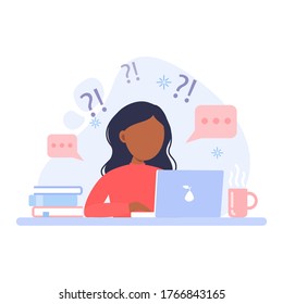 A student girl does not understand the teacher's task or question. Remote online distance education at home in quarantine. Character sitting at desk, looking at laptop. Vector flat illustration.