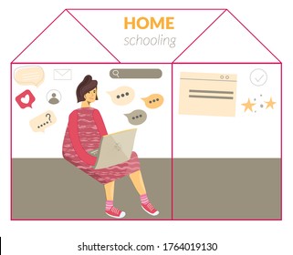 Estudiante haciendo sus deberes. Niño que usa aparatos para estudiar. Educación y aprendizaje a distancia. Homeschooling durante la cuarentena. Ilustración vectorial plana en estilo de dibujos animados