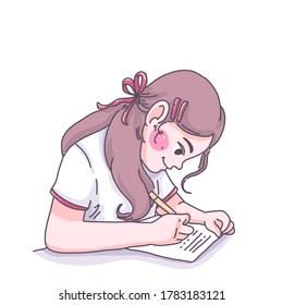 Student girl is doing homework character design of vector.