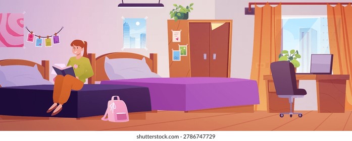 Student girl in dormitory sitting on the bed and studying book. Cozy interior of dormitory or hostel bedroom. Furniture wardrobe, table with laptop, beds and armchair. Vector flat illustration