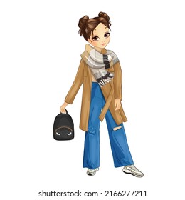 Student girl dressed in beige coat and voluminous knitted scarf