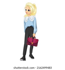 Student girl dressed in blue blouse with large white collar