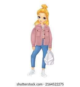 Student girl dressed in blue jeans and powder bomber jacket