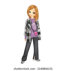 Student girl dressed in large plaid shirt and purple shirt