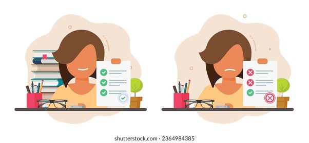 Student girl fail exam icon vector graphic, pupil person pass success school test illustration, failure bad examination study flat design, happy sad character college quiz, education concept image