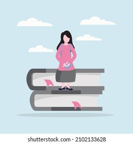 A student girl feeling sad because she does not do assignment or thesis from lecturer.  Graduate of educational institution celebrating victory. Vector colorful illustration.